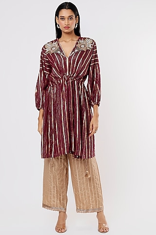 Brown Cotton Lurex Hand Embroidered Kaftan Set by HEIRLOOM by Rara Avis