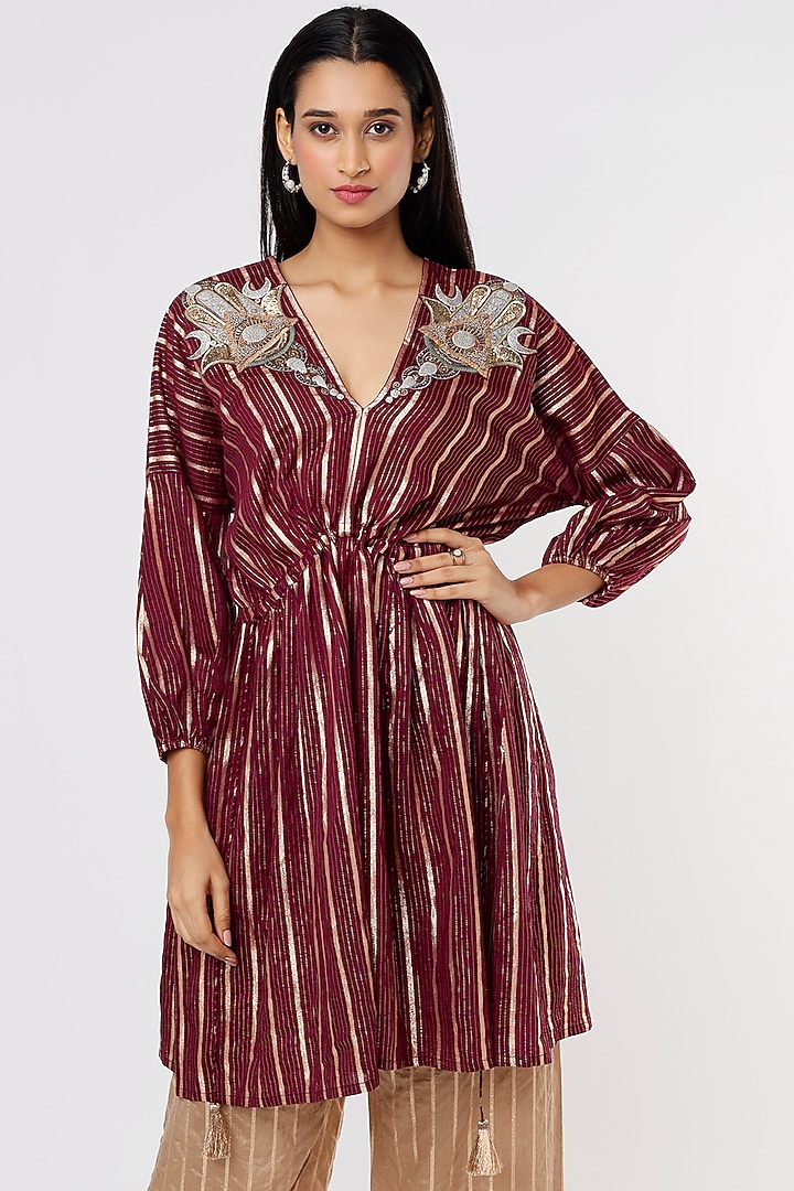 Brown Cotton Lurex Hand Embroidered Kaftan Set by HEIRLOOM by Rara Avis at Pernia's Pop Up Shop