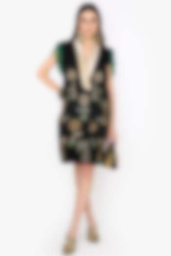 Black Linen Satin Dabka & Aari Hand Embroidered Blazer Party Wear Dress by HEIRLOOM by Rara Avis at Pernia's Pop Up Shop