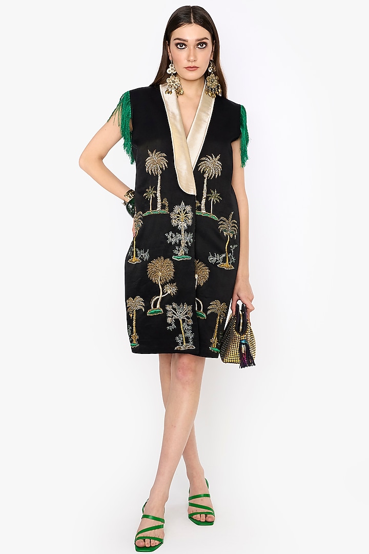 Black Linen Satin Dabka & Aari Hand Embroidered Blazer Party Wear Dress by HEIRLOOM by Rara Avis at Pernia's Pop Up Shop