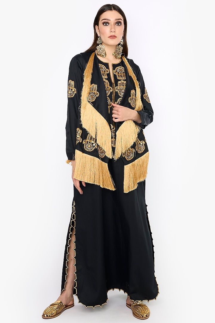 Black & Gold Cotton Satin Dabka & Aari Hand Embroidered Gilet by HEIRLOOM by Rara Avis at Pernia's Pop Up Shop