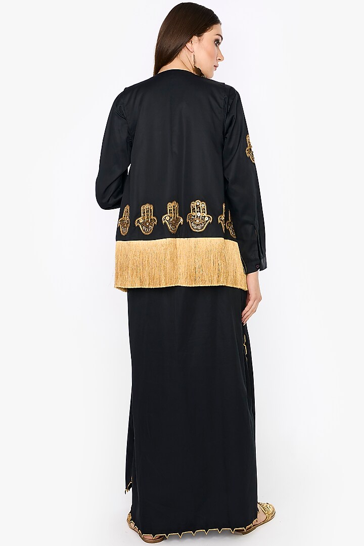 Black & Gold Cotton Satin Dabka & Aari Hand Embroidered Gilet by HEIRLOOM by Rara Avis at Pernia's Pop Up Shop