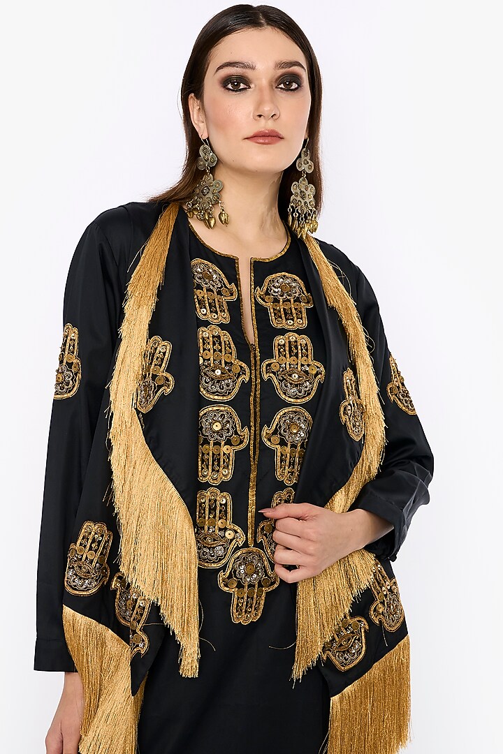 Black & Gold Cotton Satin Dabka & Aari Hand Embroidered Gilet by HEIRLOOM by Rara Avis at Pernia's Pop Up Shop