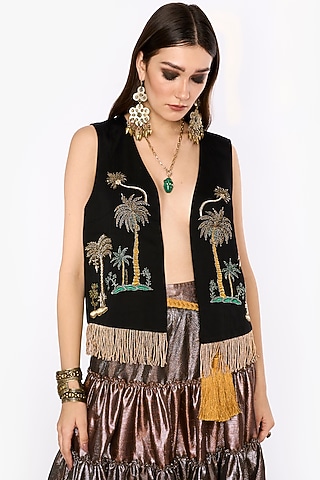 Black Linen Satin Dabka & Aari Hand Embroidered Gilet by HEIRLOOM by Rara Avis