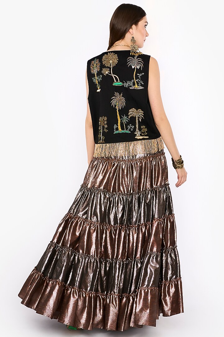 Black Linen Satin Dabka & Aari Hand Embroidered Gilet by HEIRLOOM by Rara Avis at Pernia's Pop Up Shop