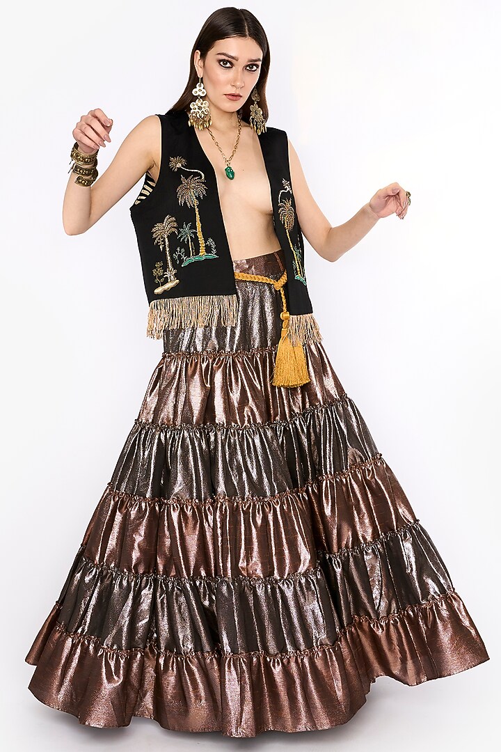 Black Linen Satin Dabka & Aari Hand Embroidered Gilet by HEIRLOOM by Rara Avis at Pernia's Pop Up Shop