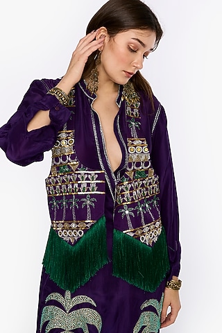 Violet Linen Satin Motif Hand Embroidered Jacket by HEIRLOOM by Rara Avis