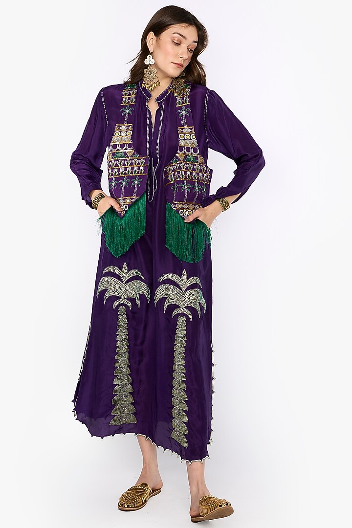 Violet Linen Satin Motif Hand Embroidered Jacket by HEIRLOOM by Rara Avis at Pernia's Pop Up Shop