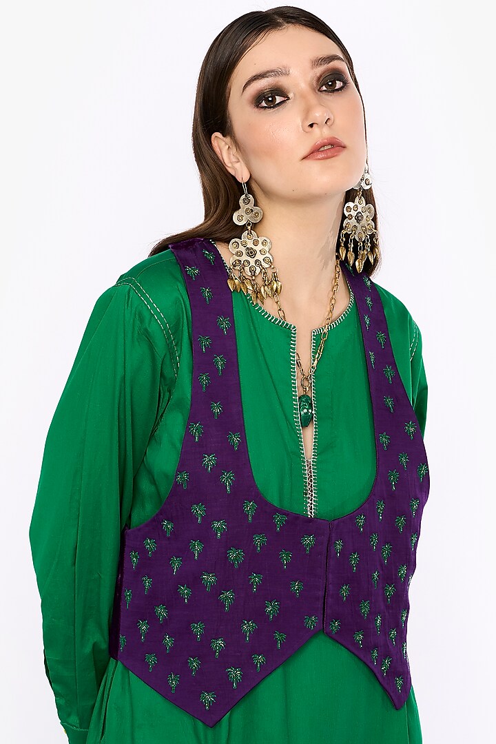 Violet Linen Satin Motif Hand Embroidered Waistcoat by HEIRLOOM by Rara Avis