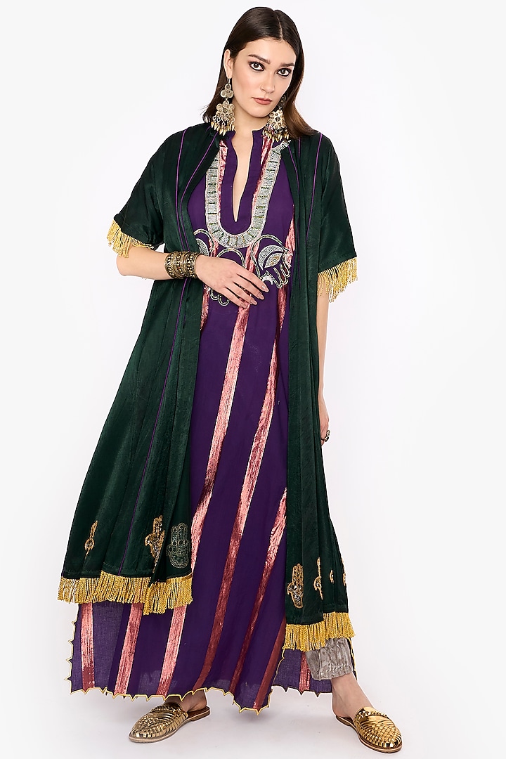 Deep Green Indian Silk Mashru Hand Embroidered Paneled Long Coat by HEIRLOOM by Rara Avis