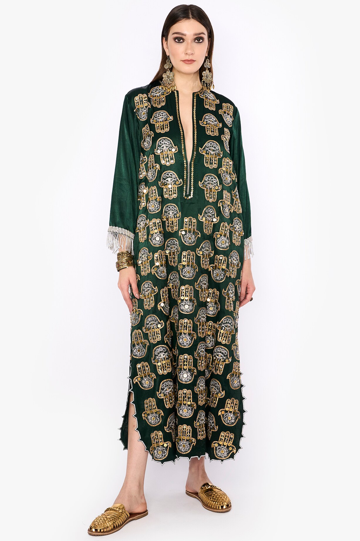 Deep Green Indian Silk Mashru Hand Embroidered Column Dress by HEIRLOOM by  Rara Avis at Pernia's Pop Up Shop 2026