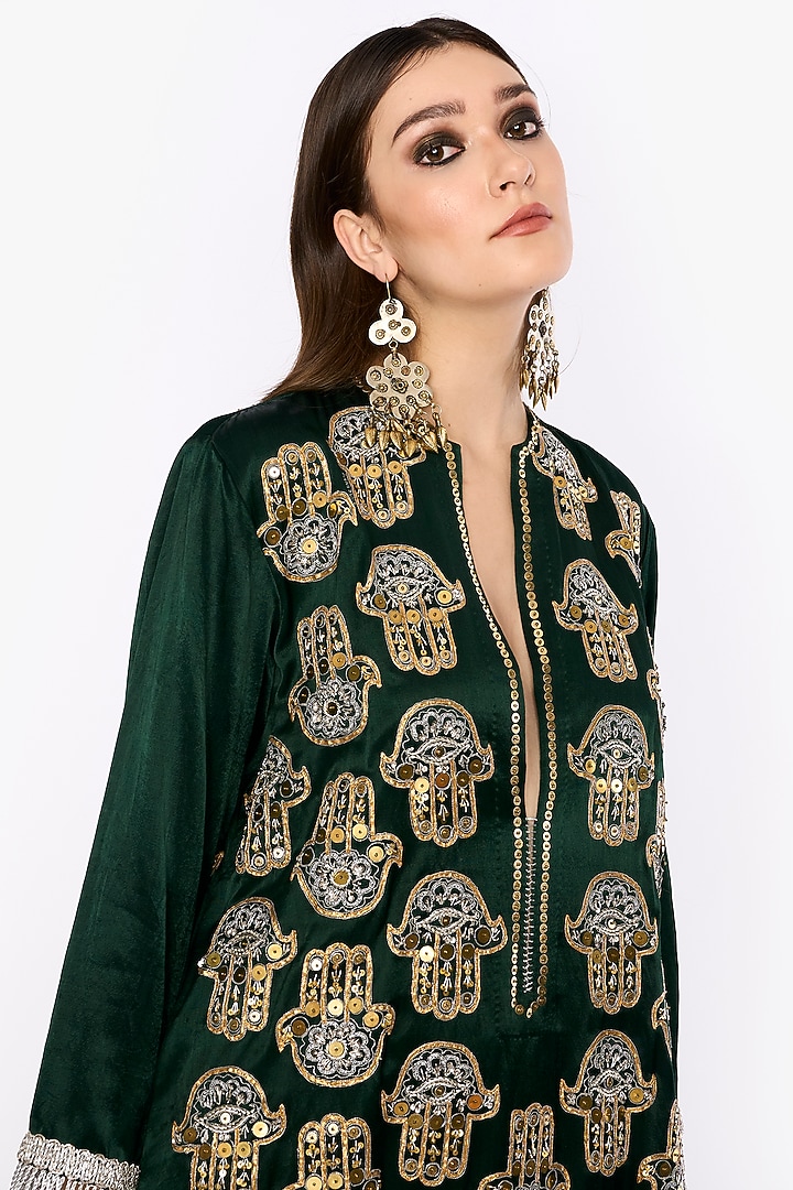 Deep Green Indian Silk Mashru Hand Embroidered Column Dress by HEIRLOOM by  Rara Avis at Pernia's Pop Up Shop 2026