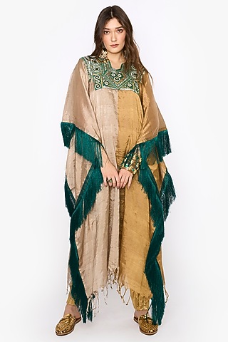Antique Gold Silk Organza Hand Embroidered Metallic Kaftan by HEIRLOOM by Rara Avis