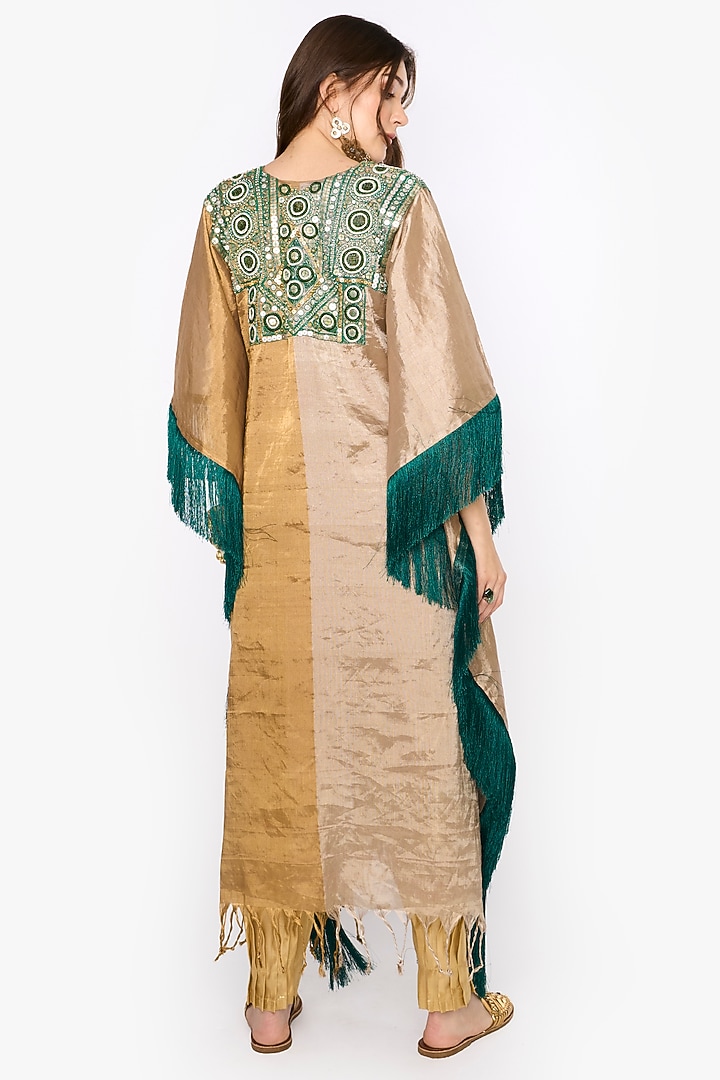 Antique Gold Silk Organza Hand Embroidered Metallic Kaftan by HEIRLOOM by Rara Avis at Pernia's Pop Up Shop