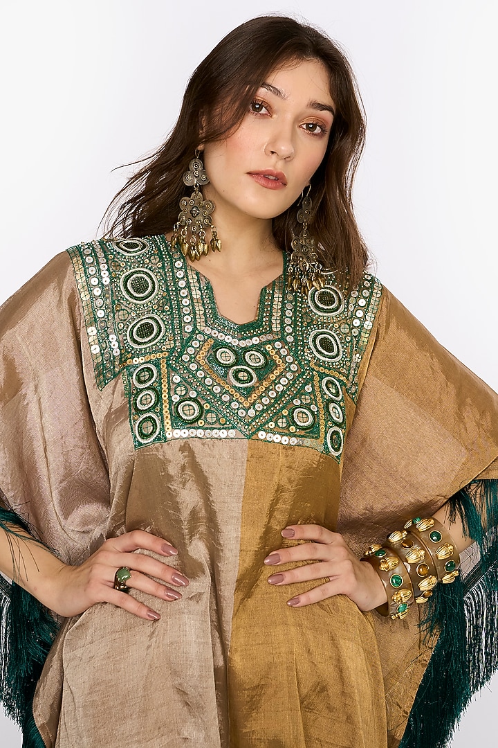 Antique Gold Silk Organza Hand Embroidered Metallic Kaftan by HEIRLOOM by Rara Avis at Pernia's Pop Up Shop
