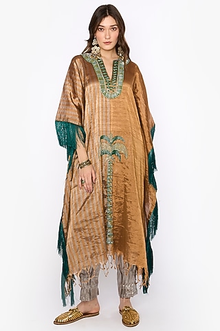Antique Gold Silk Organza Hand Embroidered Metallic Kaftan by HEIRLOOM by Rara Avis