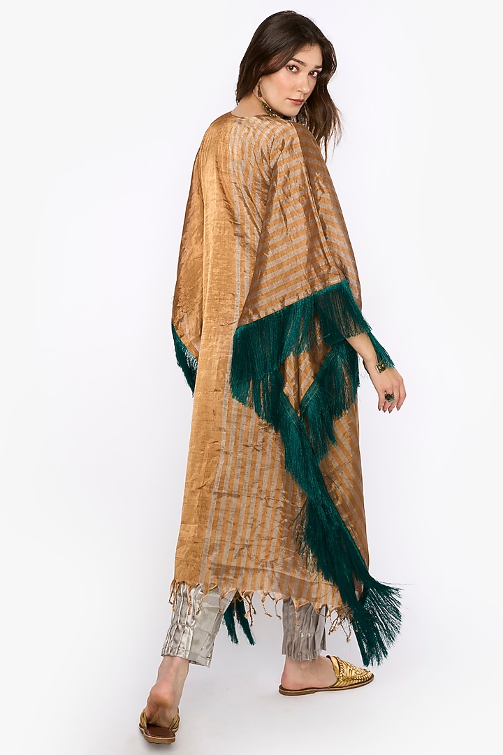 Antique Gold Silk Organza Hand Embroidered Metallic Kaftan by HEIRLOOM by Rara Avis at Pernia's Pop Up Shop