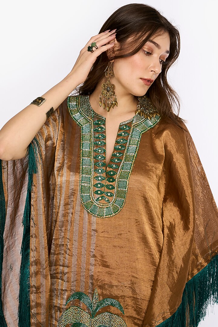 Antique Gold Silk Organza Hand Embroidered Metallic Kaftan by HEIRLOOM by Rara Avis at Pernia's Pop Up Shop