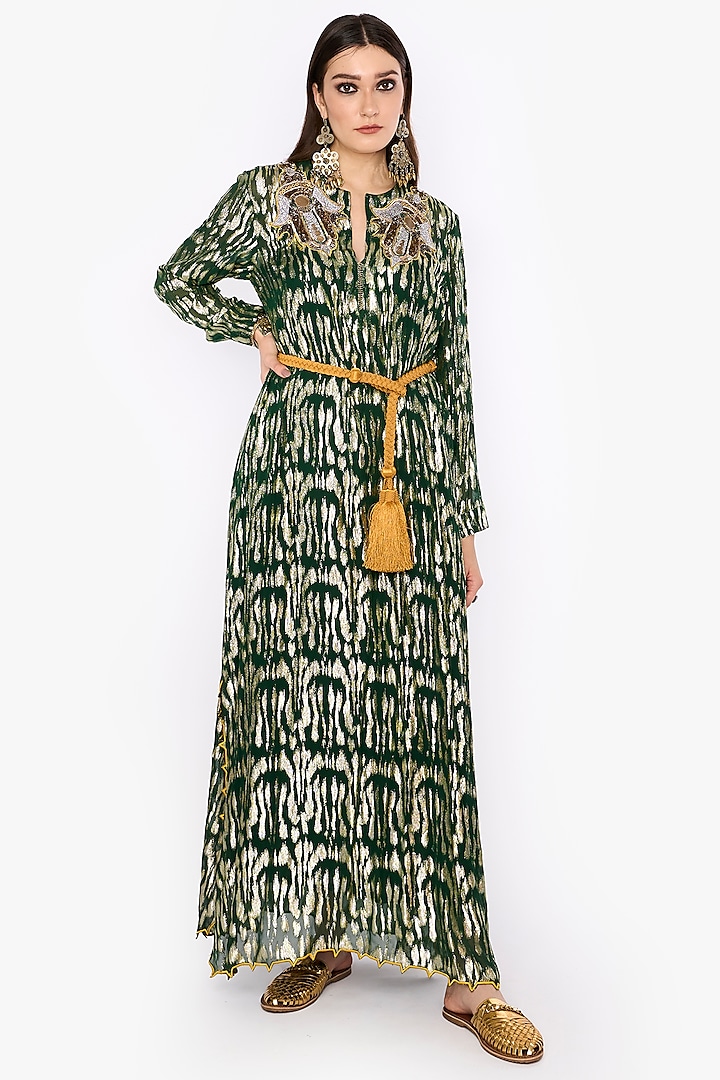 Deep Green Viscose Lurex Motif Hand Embroidered Scalloped Maxi Dress by HEIRLOOM by Rara Avis