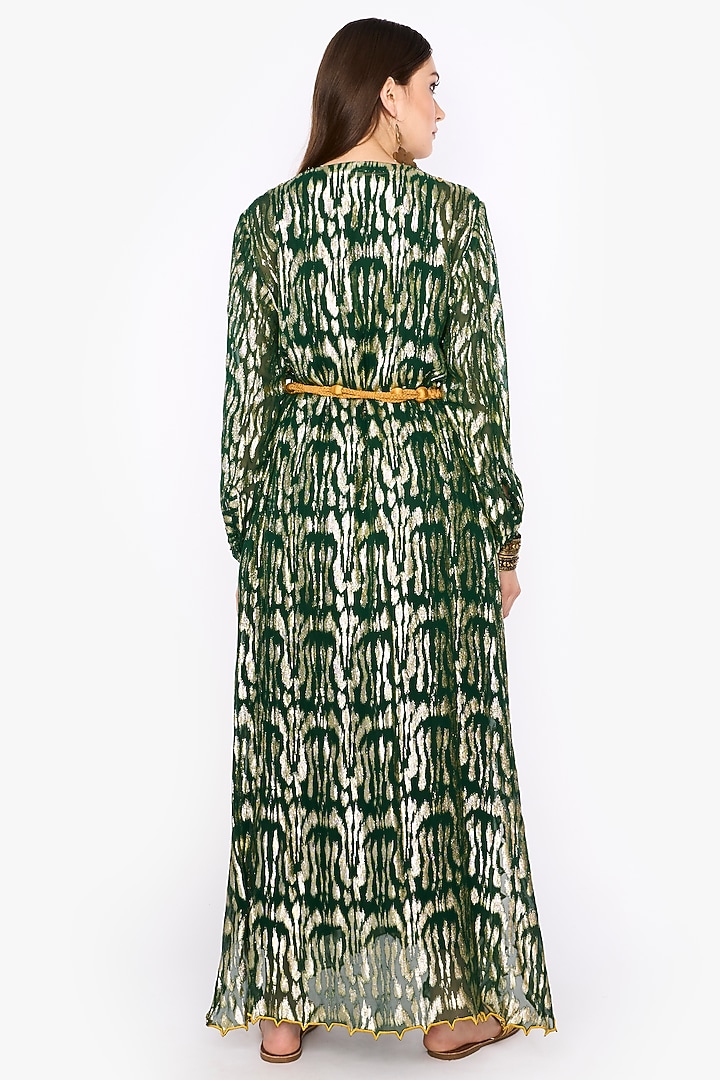 Deep Green Viscose Lurex Motif Hand Embroidered Scalloped Maxi Cocktail Dress by HEIRLOOM by Rara Avis at Pernia's Pop Up Shop
