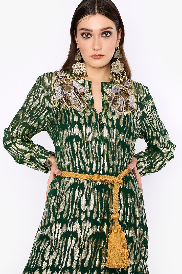 Deep Green Viscose Lurex Motif Hand Embroidered Scalloped Maxi Cocktail Dress by HEIRLOOM by Rara Avis at Pernia's Pop Up Shop