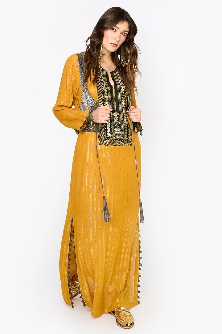 Yellow Ochre Cotton Lurex Dabka & Aari Hand Embroidered Column Dress With Waistcoat by HEIRLOOM by Rara Avis