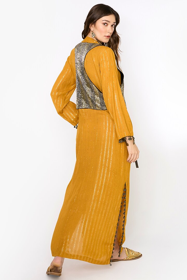 Yellow Ochre Cotton Lurex Dabka & Aari Hand Embroidered Column Party Wear Dress With Waistcoat by HEIRLOOM by Rara Avis at Pernia's Pop Up Shop