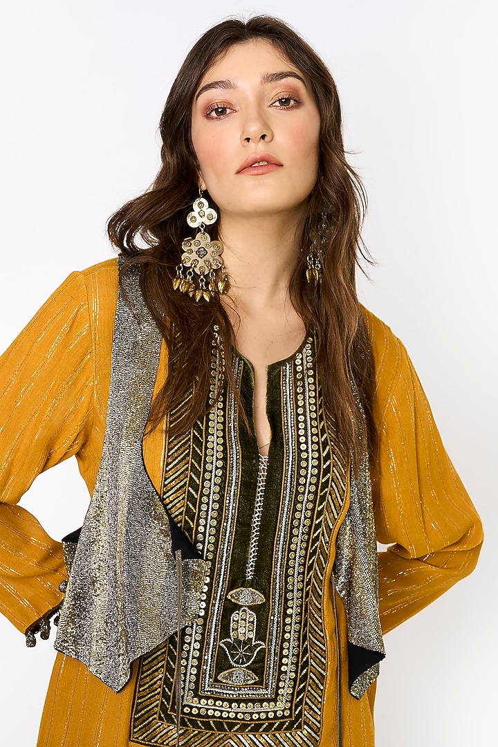Yellow Ochre Cotton Lurex Dabka & Aari Hand Embroidered Column Party Wear Dress With Waistcoat by HEIRLOOM by Rara Avis at Pernia's Pop Up Shop