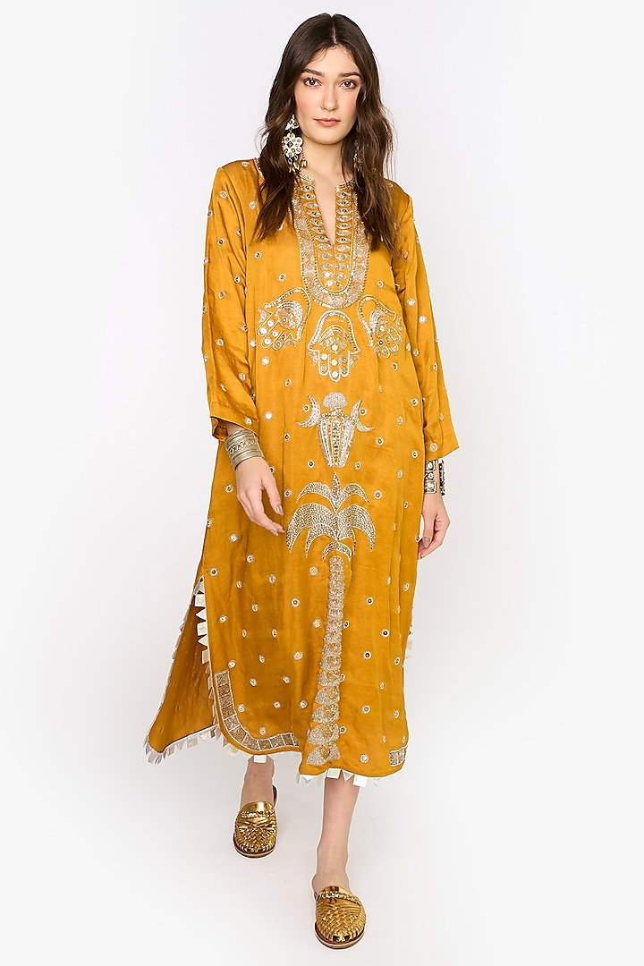 Yellow Ochre Linen Satin Hand Embroidered Maxi Column Dress by HEIRLOOM by Rara Avis