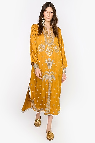 Yellow Ochre Linen Satin Hand Embroidered Maxi Column Dress by HEIRLOOM by Rara Avis