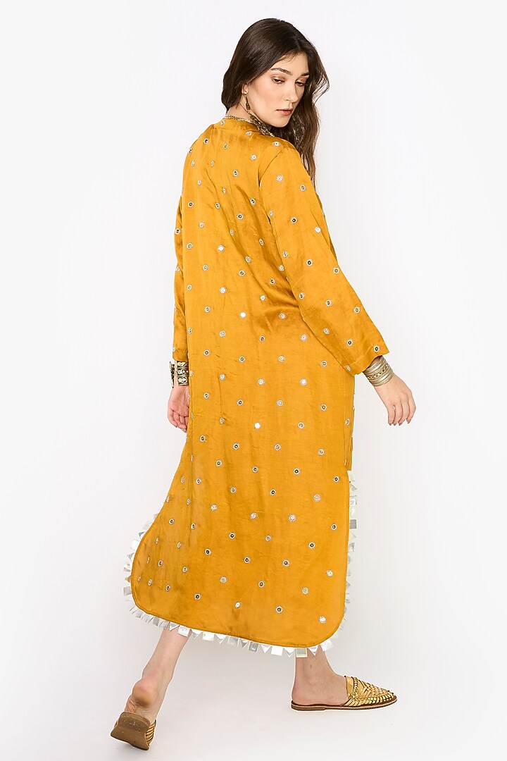 Yellow Ochre Linen Satin Hand Embroidered Maxi Column Cocktail Dress by HEIRLOOM by Rara Avis at Pernia's Pop Up Shop