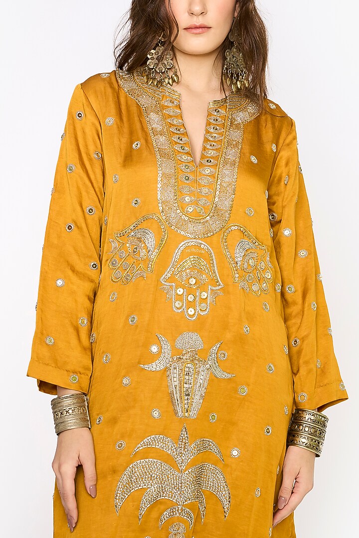 Yellow Ochre Linen Satin Hand Embroidered Maxi Column Cocktail Dress by HEIRLOOM by Rara Avis at Pernia's Pop Up Shop