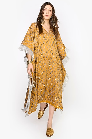 Yellow Ochre Linen Satin Motif Hand Embroidered Kaftan by HEIRLOOM by Rara Avis