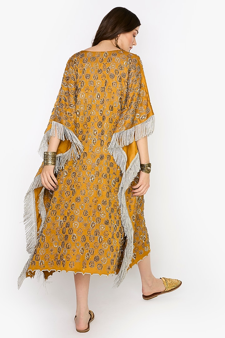 Yellow Ochre Linen Satin Motif Hand Embroidered Kaftan by HEIRLOOM by Rara Avis at Pernia's Pop Up Shop
