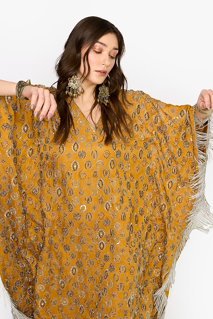 Yellow Ochre Linen Satin Motif Hand Embroidered Kaftan by HEIRLOOM by Rara Avis at Pernia's Pop Up Shop