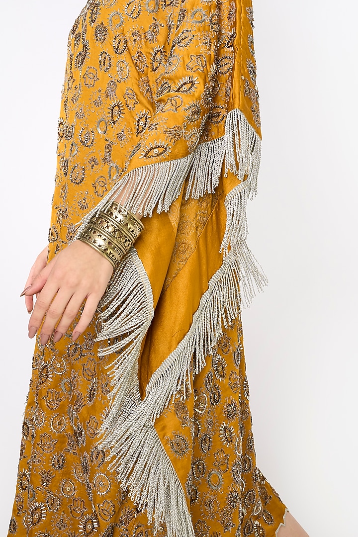 Yellow Ochre Linen Satin Motif Hand Embroidered Kaftan by HEIRLOOM by Rara Avis at Pernia's Pop Up Shop