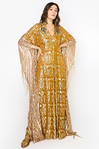 Yellow Ochre Viscose Lurex Motif Hand Embroidered Kaftan by HEIRLOOM by Rara Avis