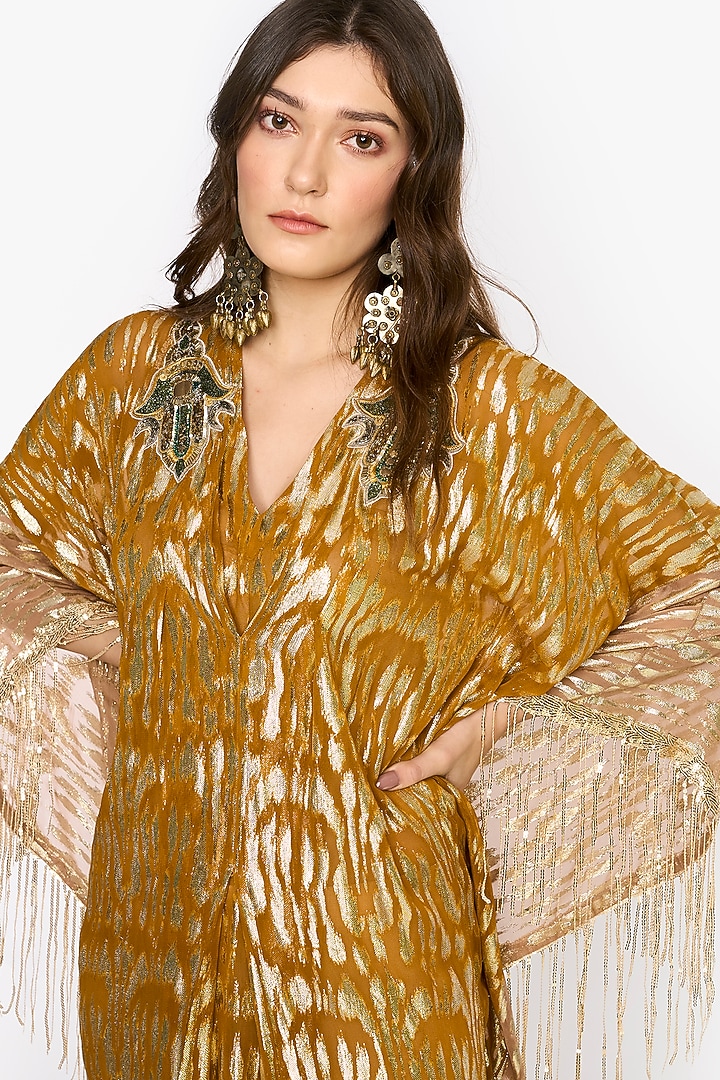 Yellow Ochre Viscose Lurex Motif Hand Embroidered Kaftan by HEIRLOOM by Rara Avis at Pernia's Pop Up Shop