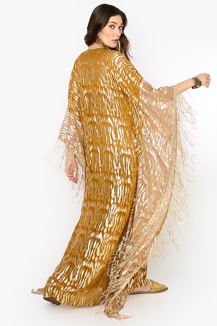 Yellow Ochre Viscose Lurex Motif Hand Embroidered Kaftan by HEIRLOOM by Rara Avis at Pernia's Pop Up Shop