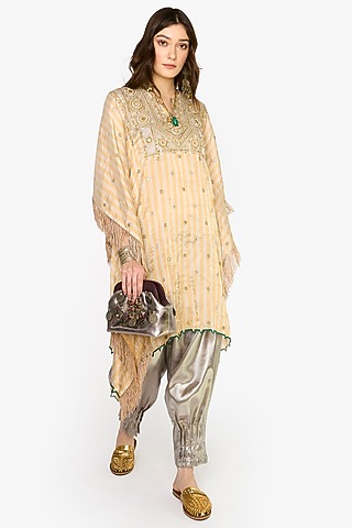 Light Gold Silk Organza Hand Embroidered Kaftan Set by HEIRLOOM by Rara Avis