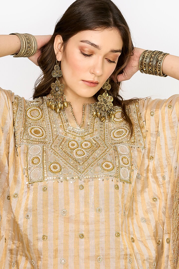 Light Gold Silk Organza Hand Embroidered Kaftan Set by HEIRLOOM by Rara Avis at Pernia's Pop Up Shop