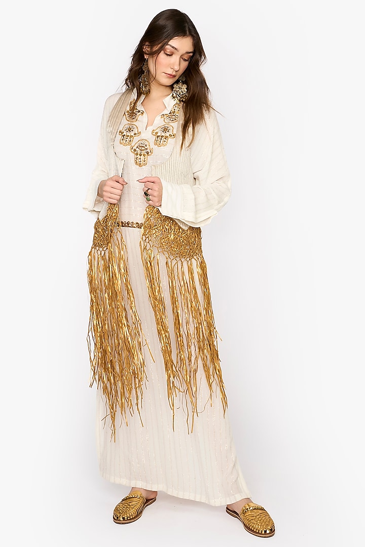 Ivory & Gold Viscose Lurex Hand Embroidered Striped Maxi Dress With Jacket by HEIRLOOM by Rara Avis