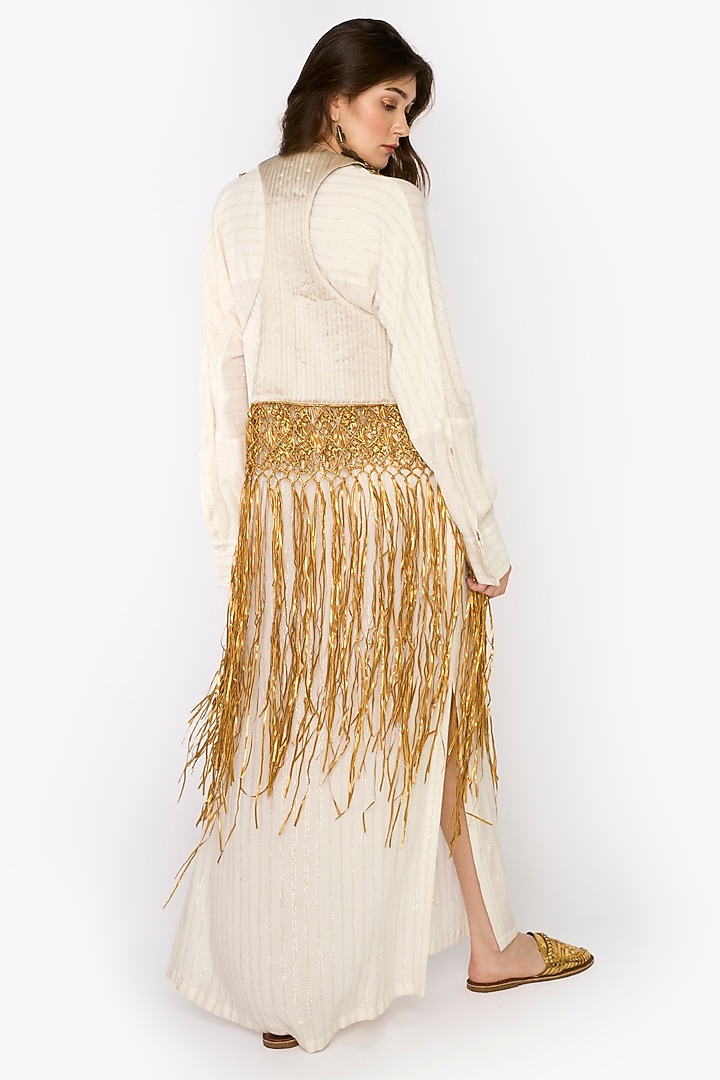 Ivory & Gold Viscose Lurex Hand Embroidered Striped Maxi Party Wear Dress With Jacket by HEIRLOOM by Rara Avis at Pernia's Pop Up Shop