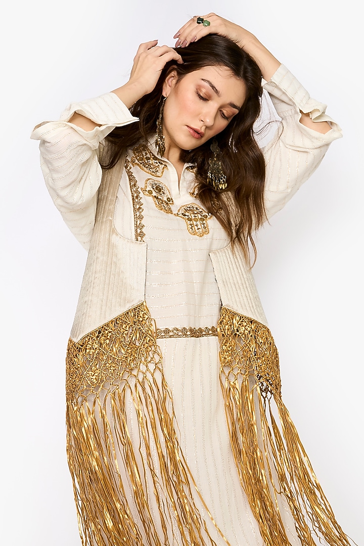 Ivory & Gold Viscose Lurex Hand Embroidered Striped Maxi Party Wear Dress With Jacket by HEIRLOOM by Rara Avis at Pernia's Pop Up Shop