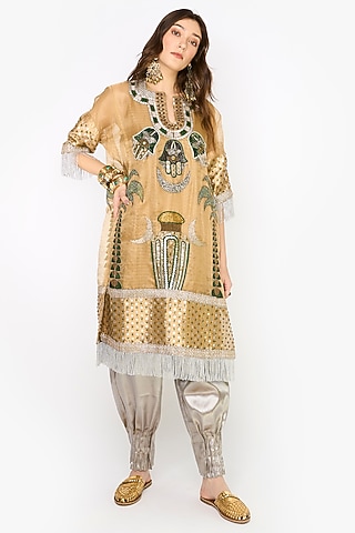 Golden Silk Organza Hand Embroidered Tunic Set by HEIRLOOM by Rara Avis