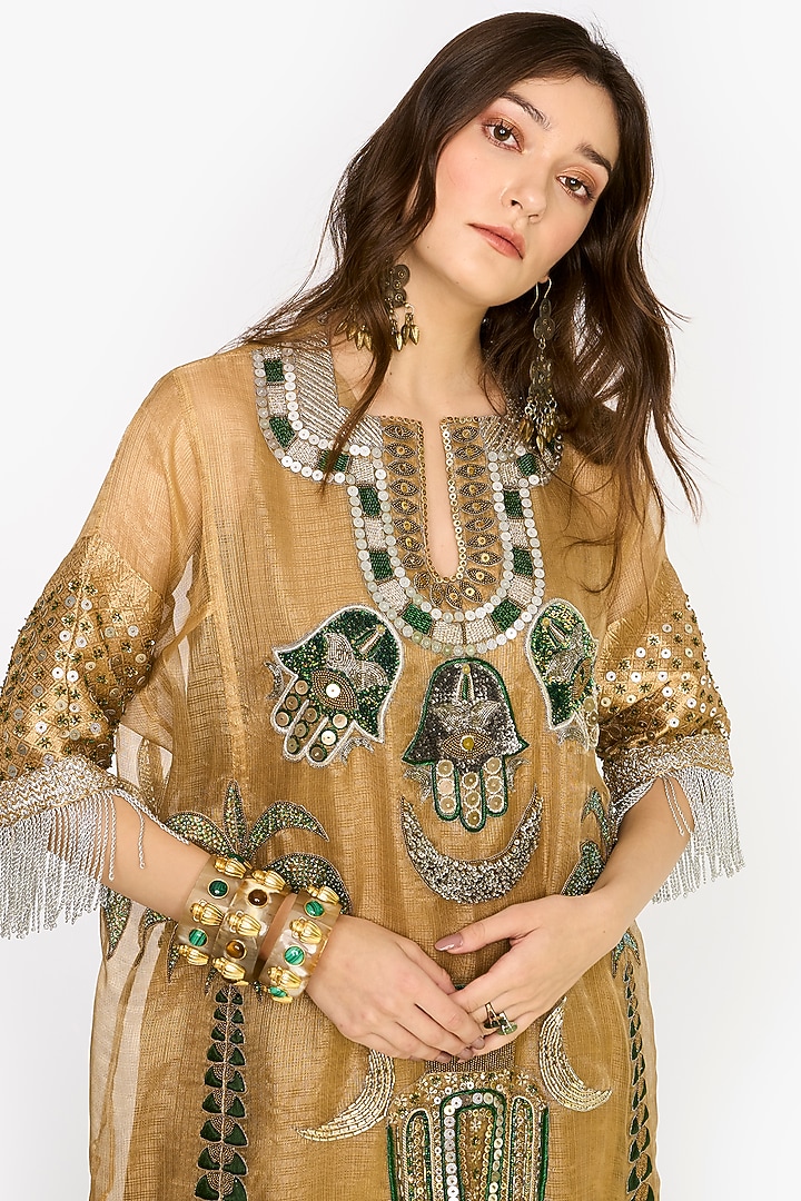 Golden Silk Organza Hand Embroidered Tunic Set by HEIRLOOM by Rara Avis at Pernia's Pop Up Shop