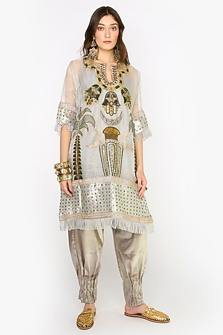 Silver Silk Organza Hand Embroidered Tunic Set by HEIRLOOM by Rara Avis