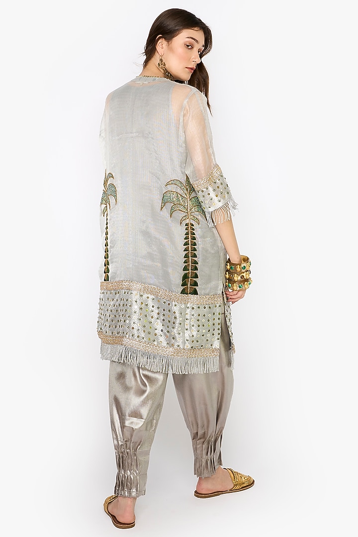 Silver Silk Organza Hand Embroidered Tunic Set by HEIRLOOM by Rara Avis at Pernia's Pop Up Shop