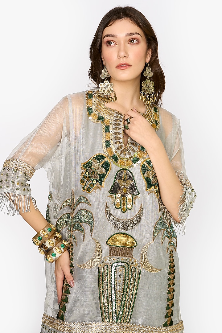 Silver Silk Organza Hand Embroidered Tunic Set by HEIRLOOM by Rara Avis at Pernia's Pop Up Shop
