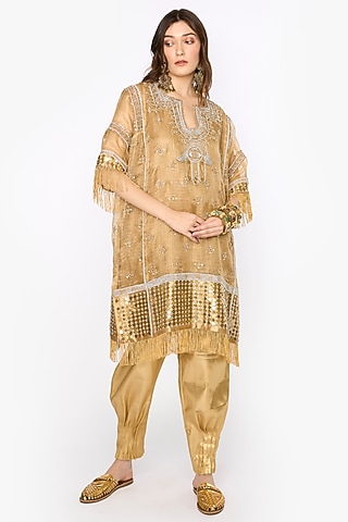 Golden Silk Organza Dabka & Aari Hand Embroidered Kaftan Set by HEIRLOOM by Rara Avis